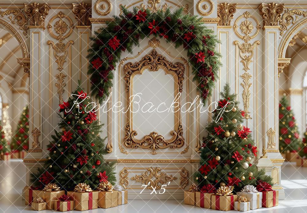 Kate Christmas Tree Retro Gold Ornate Arch Gifts Backdrop Designed by Mini MakeBelieve