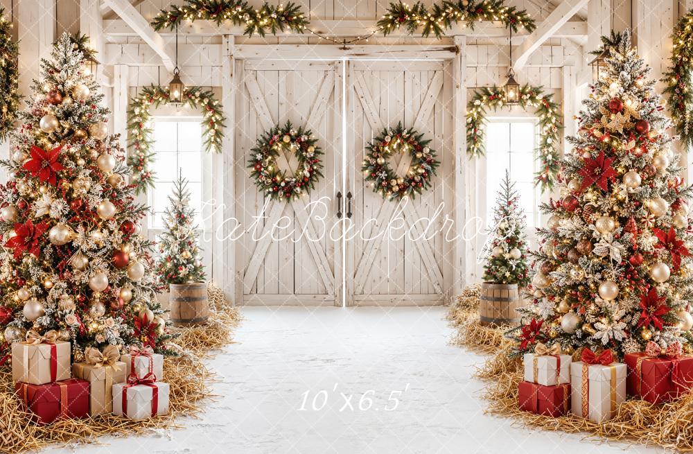 Kate Christmas Rustic Barn Trees Wreaths Gifts Snow Printed Backdrop Designed by Emetselch