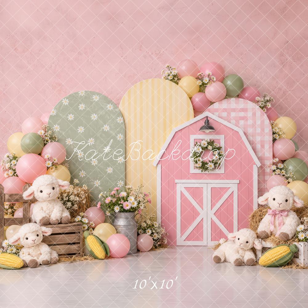 Kate Cake Smash Pink Barn Lambs Balloons Flowers Printed Backdrop Designed by Laura Bybee
