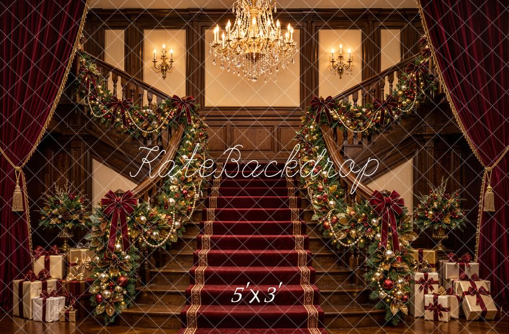 Kate Christmas Grand Staircase Chandelier Garland Red Curtains Printed Backdrop Designed by Emetselch