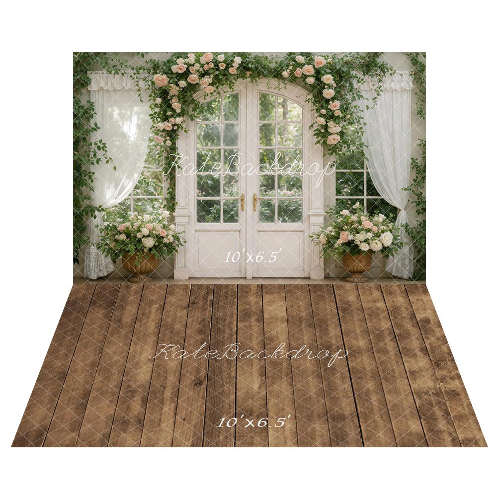 Kate Flower Arch Window French Door White Curtains Greenery Backdrop+Rustic Wood Plank Brown Floor Backdrop