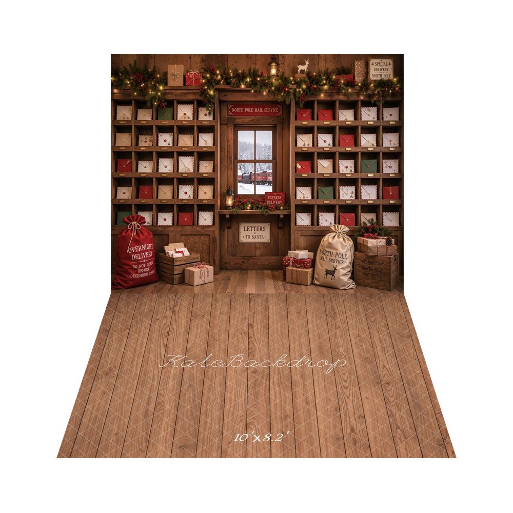 Kate Christmas North Pole Mail Room Letters Presents Shelves Garland Printed Backdrop+Brown Wood Plank Retro Wall Printed Backdrop