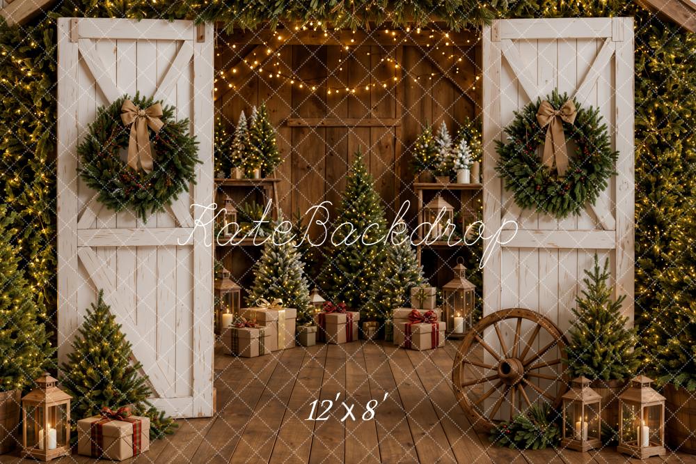 Kate Christmas White Barn Doors Wreaths Trees Rustic Lanterns Printed Backdrop Designed by Emetselch