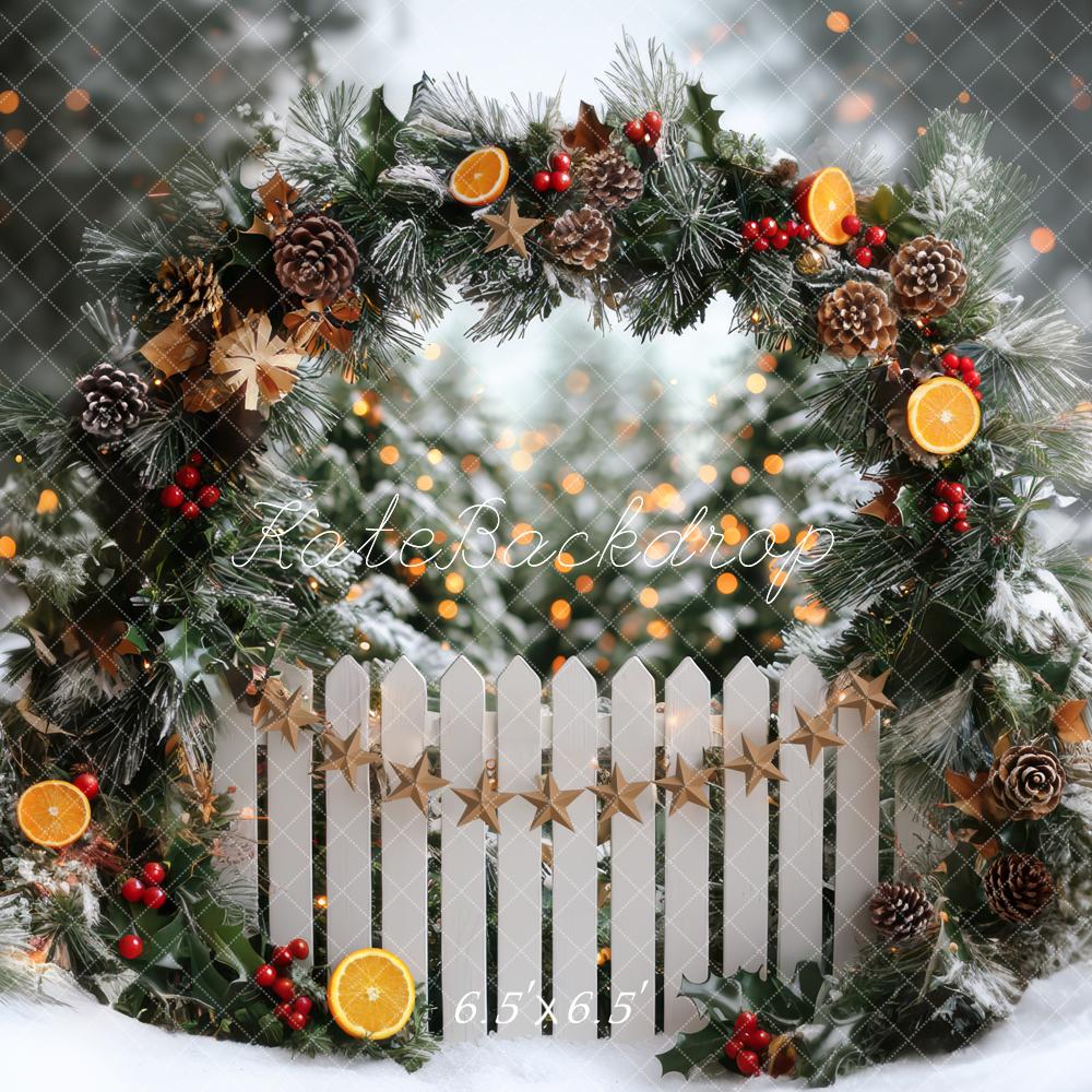 Kate Christmas Arch Winter Snowy Fence Oranges Backdrop Designed by Mini MakeBelieve