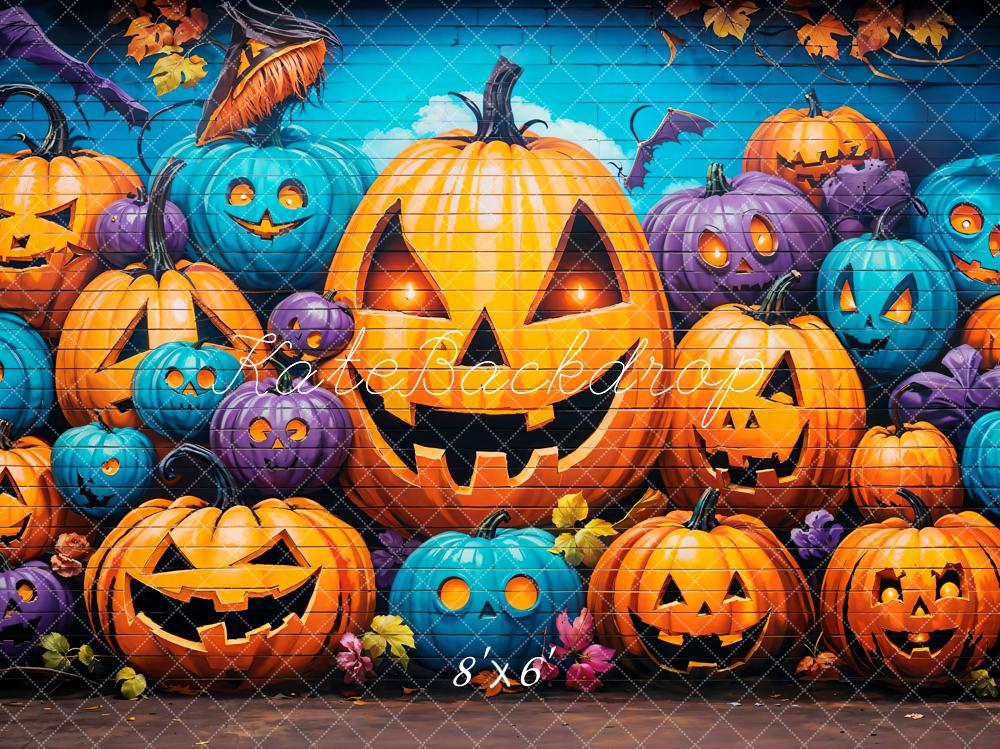 Kate Halloween Graffiti Wall Pumpkin Lanterns Printed Backdrop Designed by Emetselch