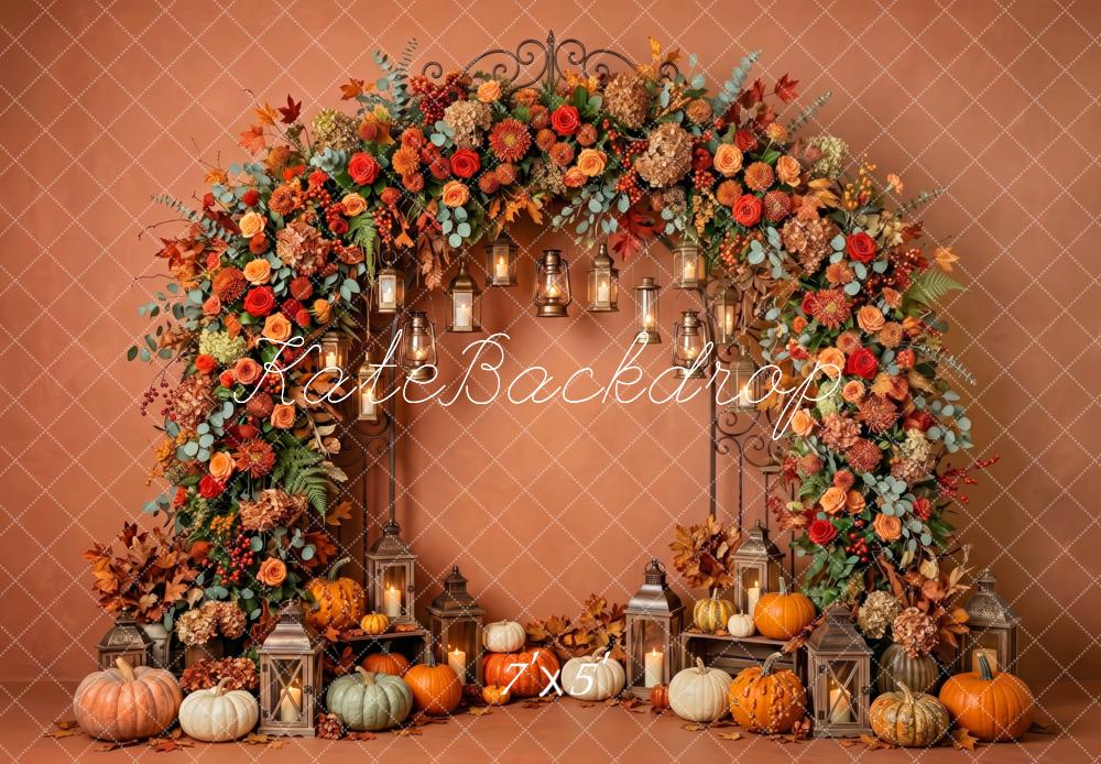 Kate Fall Brown Flower Arch Pumpkins Lanterns Printed Backdrop Designed by Patty Roberts