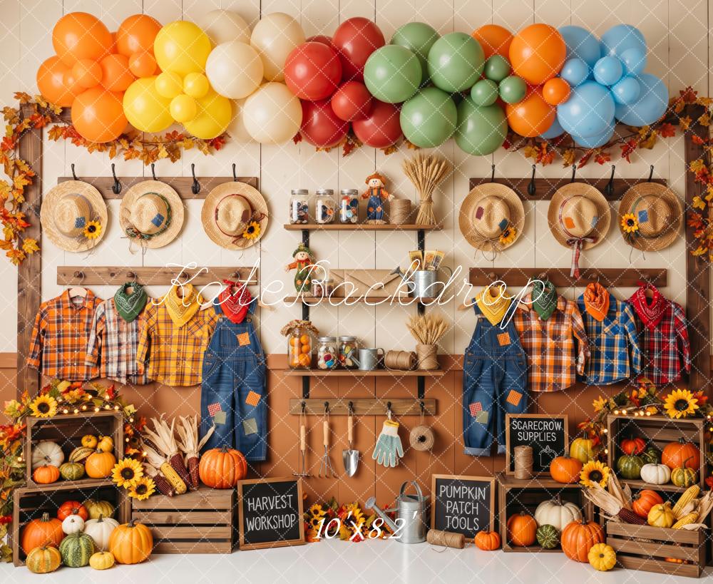 Kate Fall Birthday Little Scarecrow Workshop Pumpkins Balloons Printed Backdrop Designed by Patty Roberts