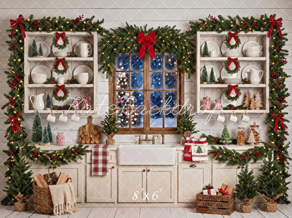Kate Christmas Kitchen Farmhouse Window Garland White Printed Backdrop Designed by Patty Roberts