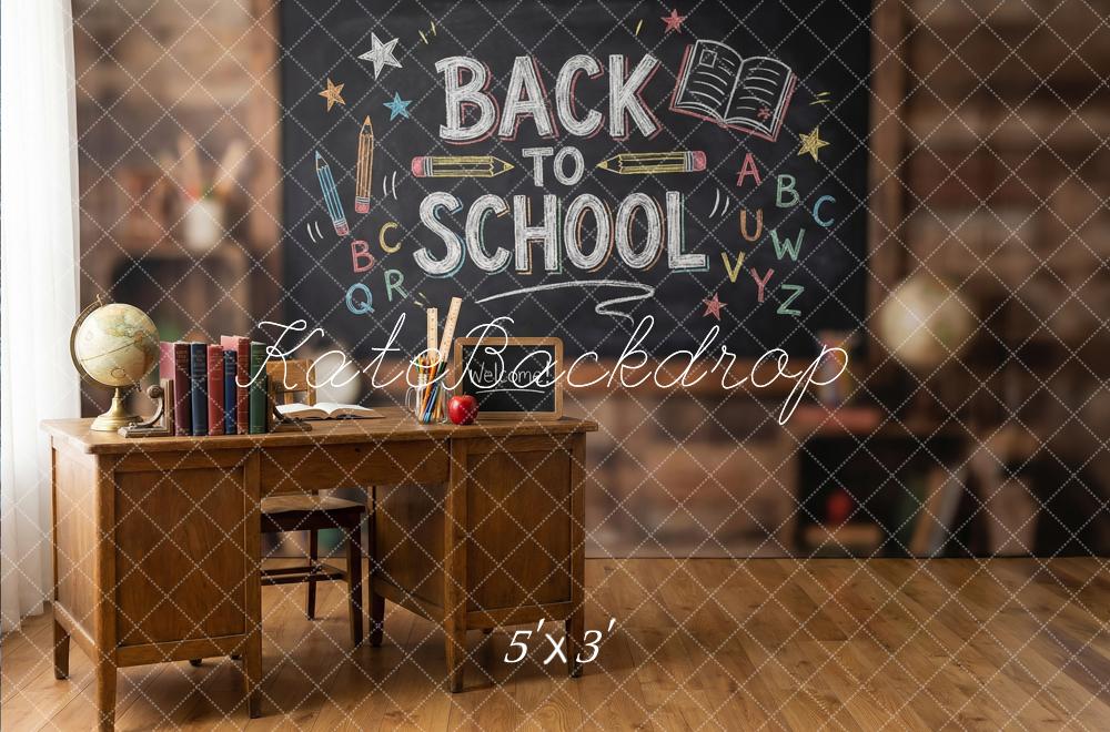 Kate Back to School Chalkboard Desk Globe Books Printed Backdrop Designed by Happy Squirrel Design
