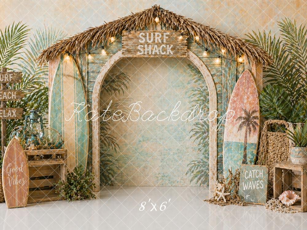 Kate Beach Surf Shack Hut Surfboards Palm Leaves Printed Backdrop Designed by Caitlin Lynch