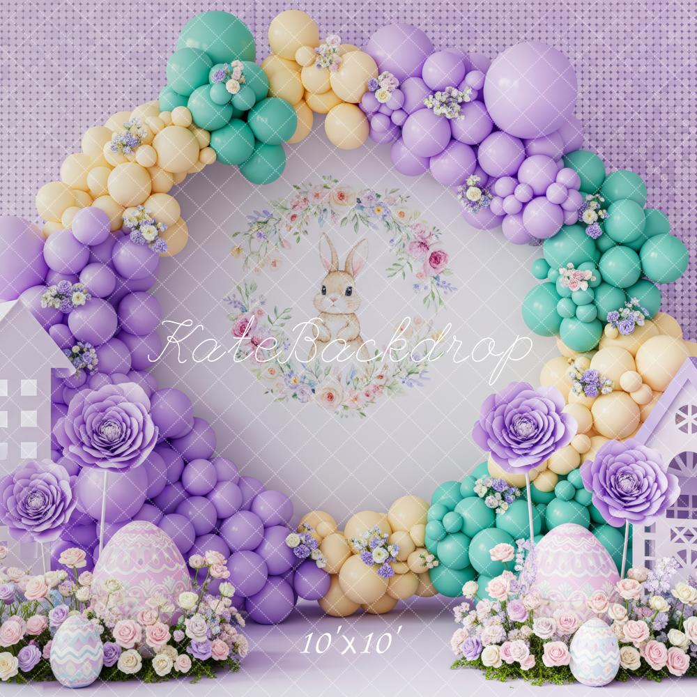 Kate Easter Bunny Balloon Arch Pastel Houses Printed Backdrop Designed by Patty Roberts