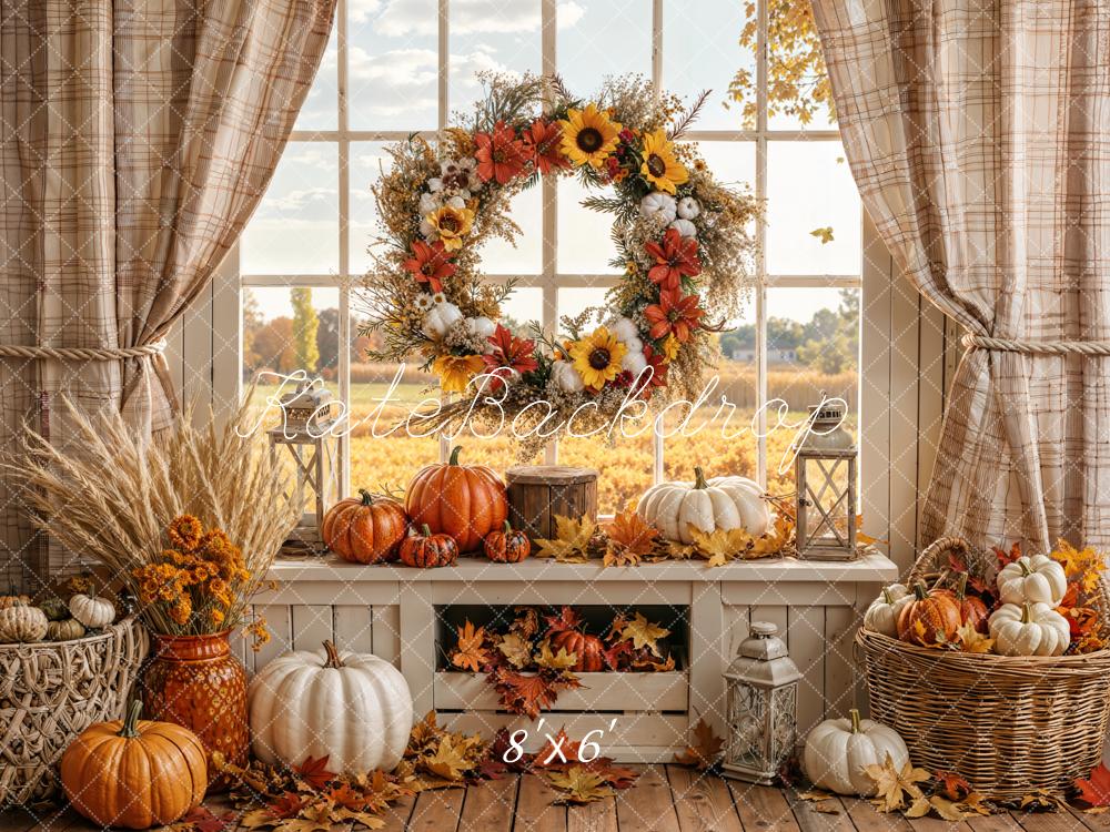TEST Kate Fall Pumpkin Wreath Window Sunflowers Printed Backdrop Designed by Emetselch