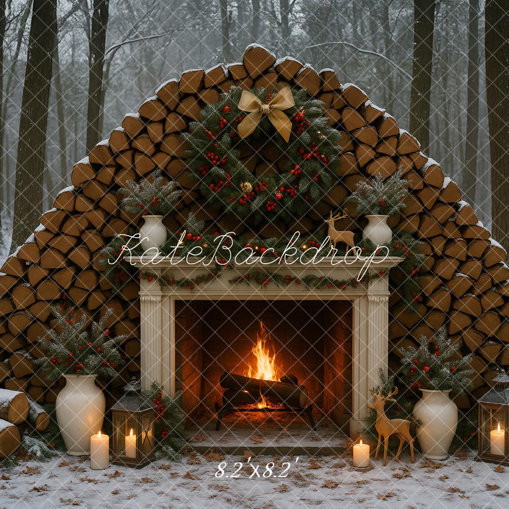 Fondo de chimenea al aire libre de invierno en el bosque diseñado por Ashley Paul