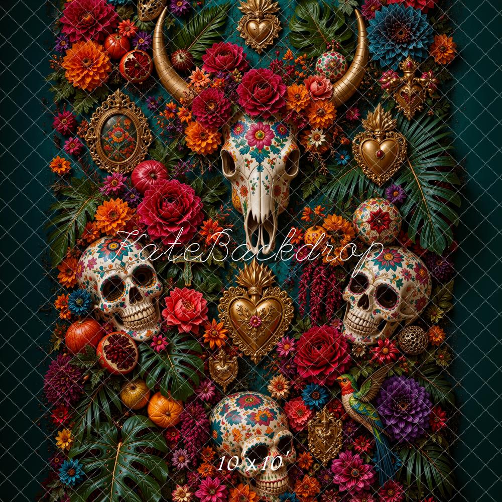 Kate Mexican Day Of The Dead Fine Art Skulls Floral Horns Printed Backdrop Designed by Ashley Ward