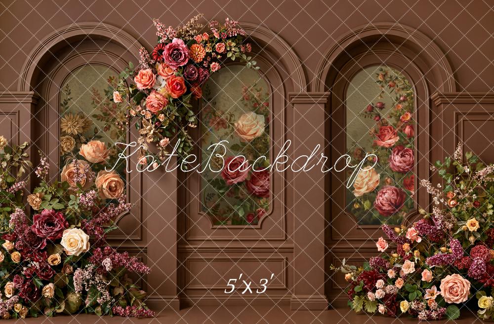 Kate Vintage Flower Arch Brown Wall Floral Printed Backdrop Designed by Emetselch