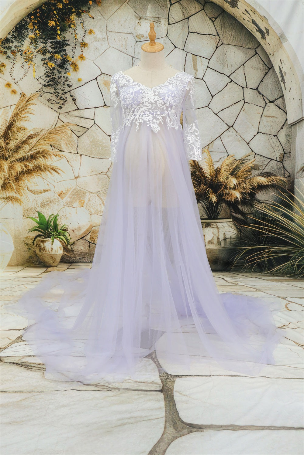 Kate Mesh Mid Sleeve Lace Trailing Multi Color Custom Maternity Photoshoot Gowns, L / 76#-Light purple Kate Mesh Mid Sleeve Lace Trailing Multi Color Custom Maternity Photoshoot Gowns, L / 76#-Light purple