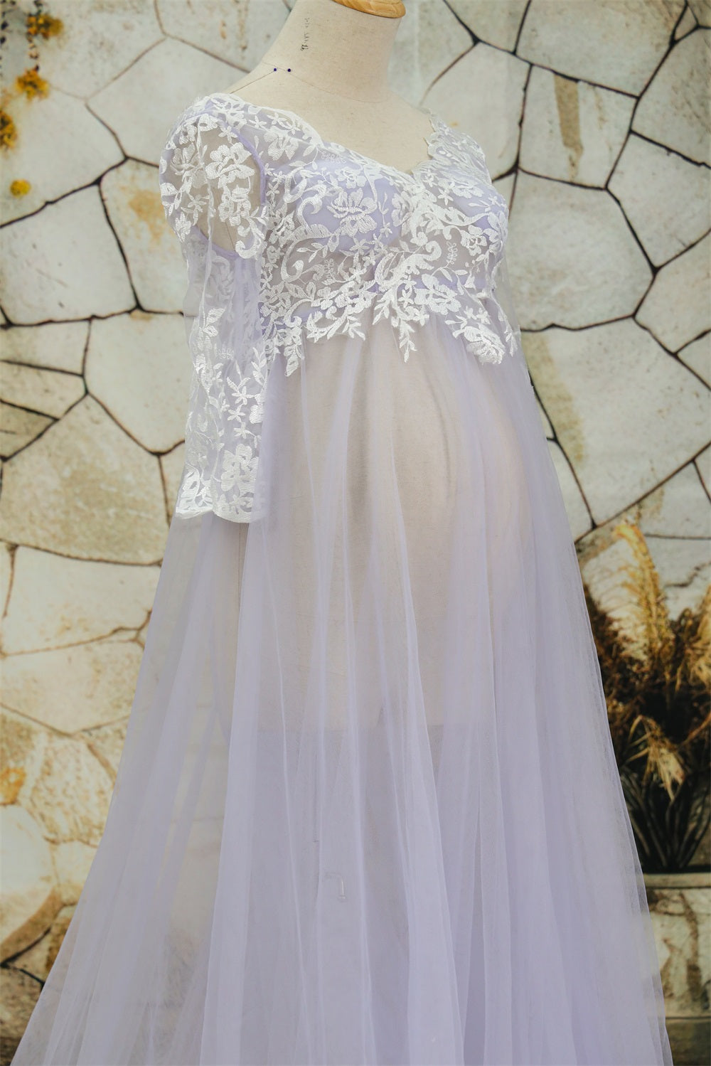 Mesh Mid Sleeve Lace Trailing Multi Color Maternity Photoshoot Dress