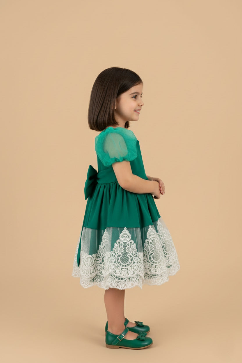 Groene Puff Mouw Strik Meisjesjurk voor Fotografie