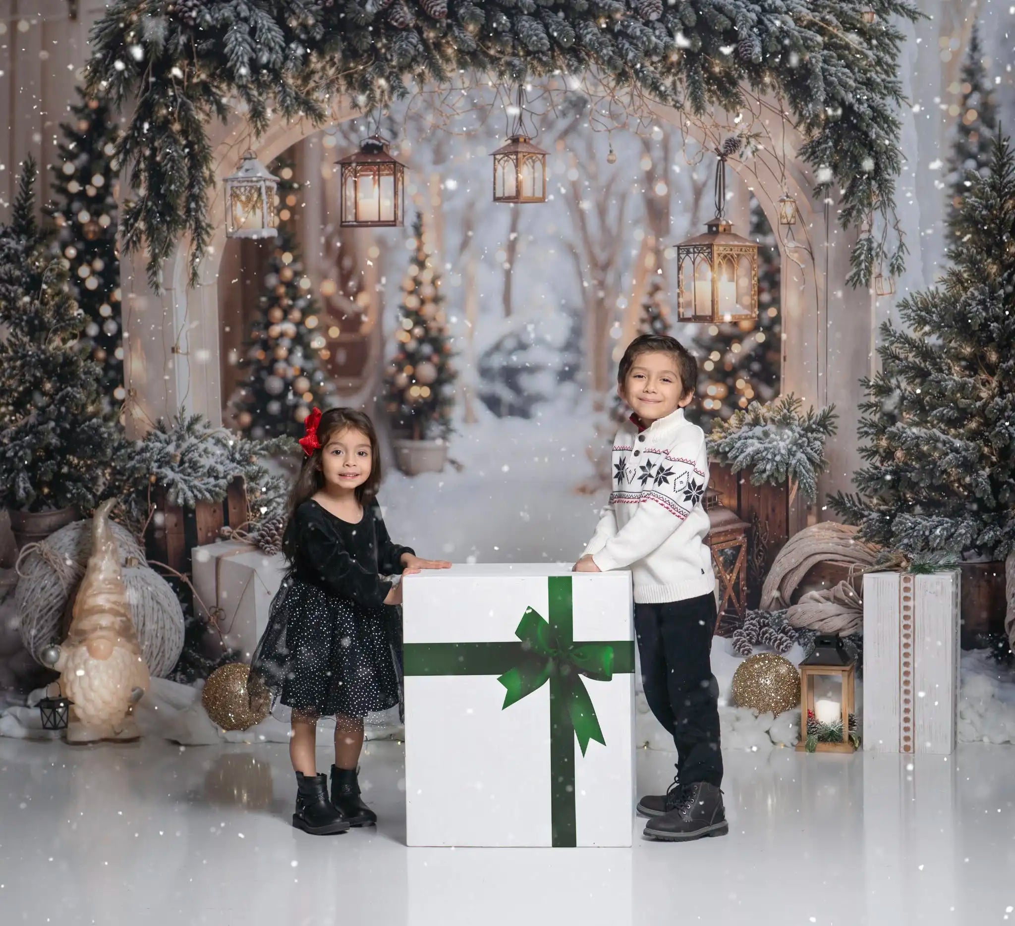 Kate Christmas Arch Garland Snow Trees Backdrop Designed by Emetselch