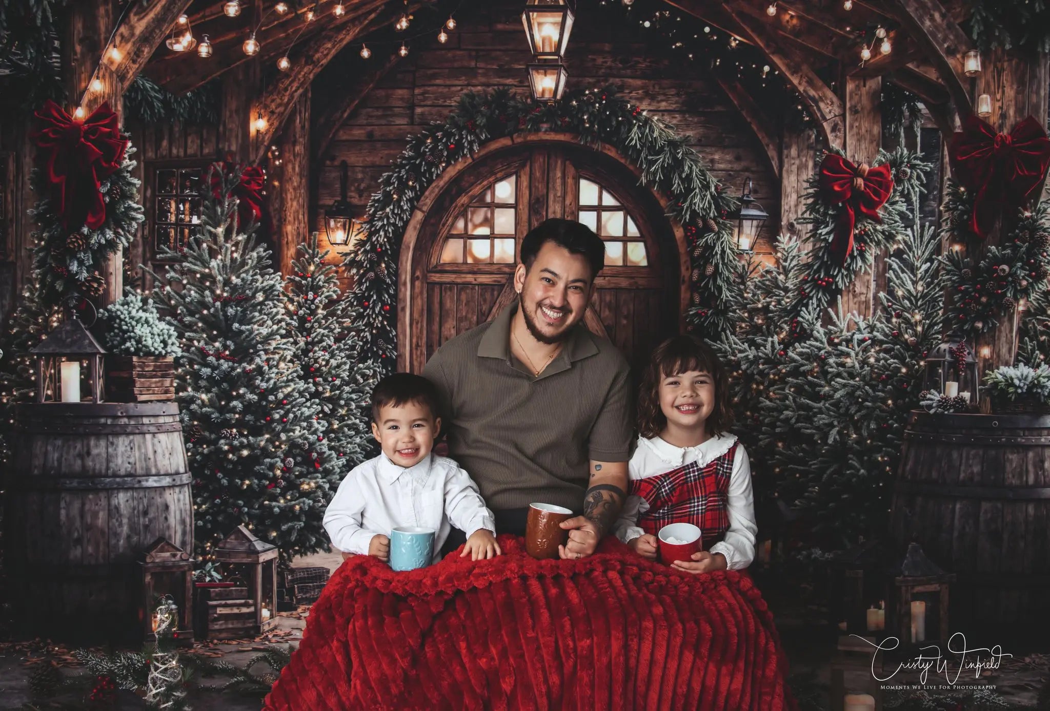 Kate Christmas Rustic Wooden Arch Door Garland Pine Trees Backdrop Designed by Emetselch