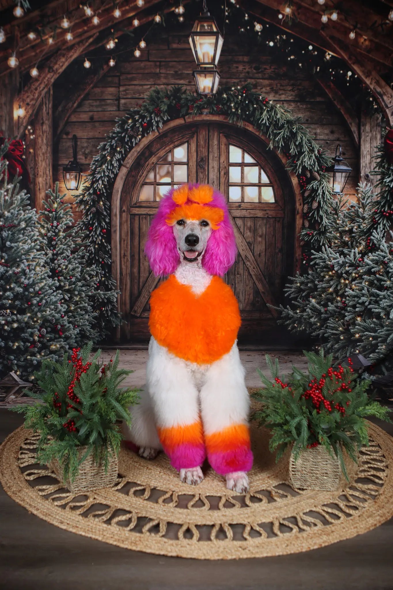 Kate Christmas Rustic Wooden Arch Door Garland Pine Trees Backdrop Designed by Emetselch