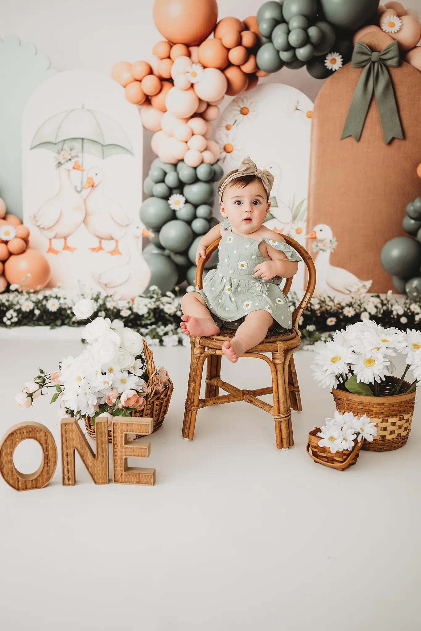 Kate Cake Smash Goose Balloon Arch Daisy Flowers Printed Backdrop Designed by Patty Roberts