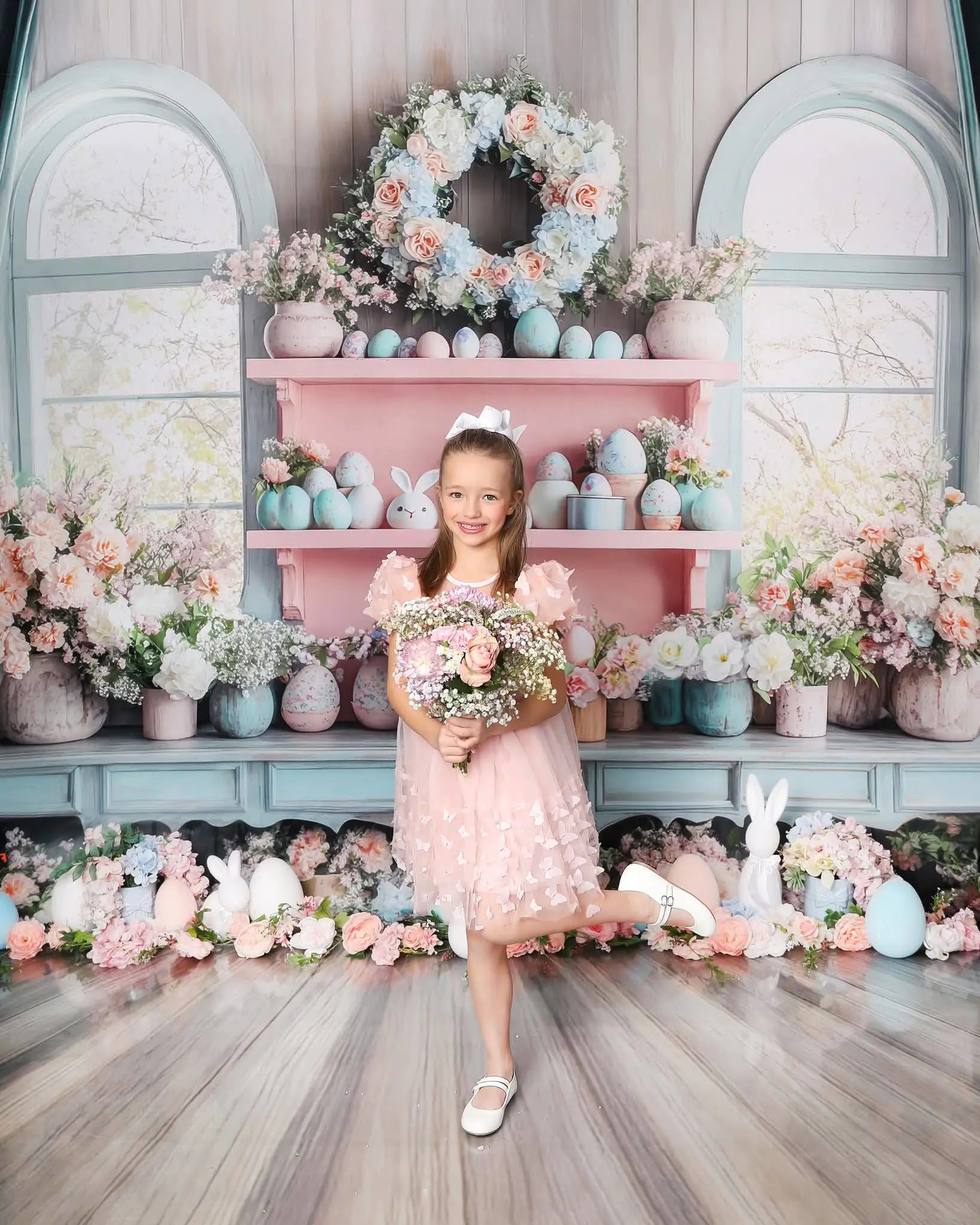 Easter Interior Bunny Floral Blue Foto Achtergrond Designed by Mini MakeBelieve