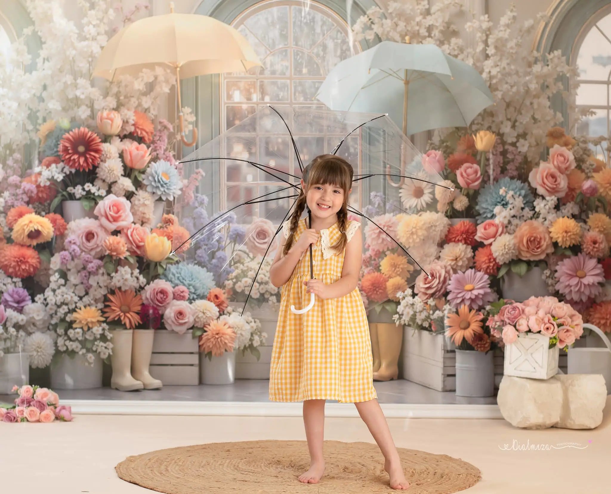 Kate Spring Flower Garden Umbrella Window Boots Printed Backdrop Designed by Mini MakeBelieve