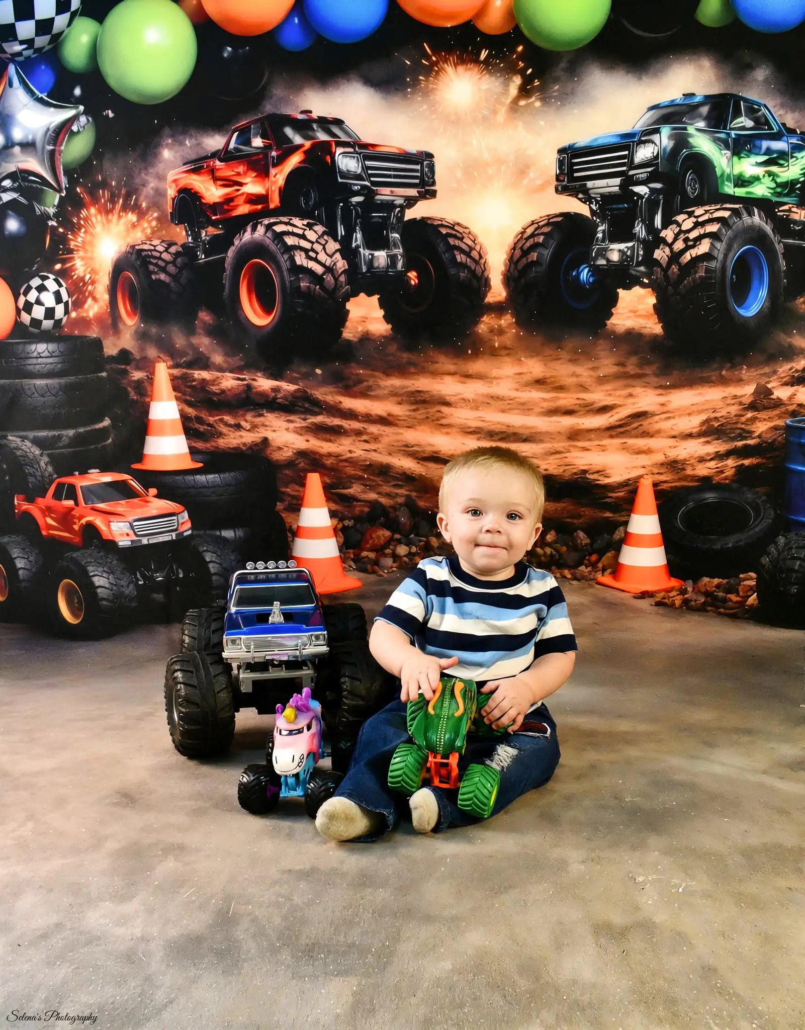 Kate Cake Smash Monster Truck Checkered Balloons Dirt Track Printed Backdrop Designed by Vertigo Productions