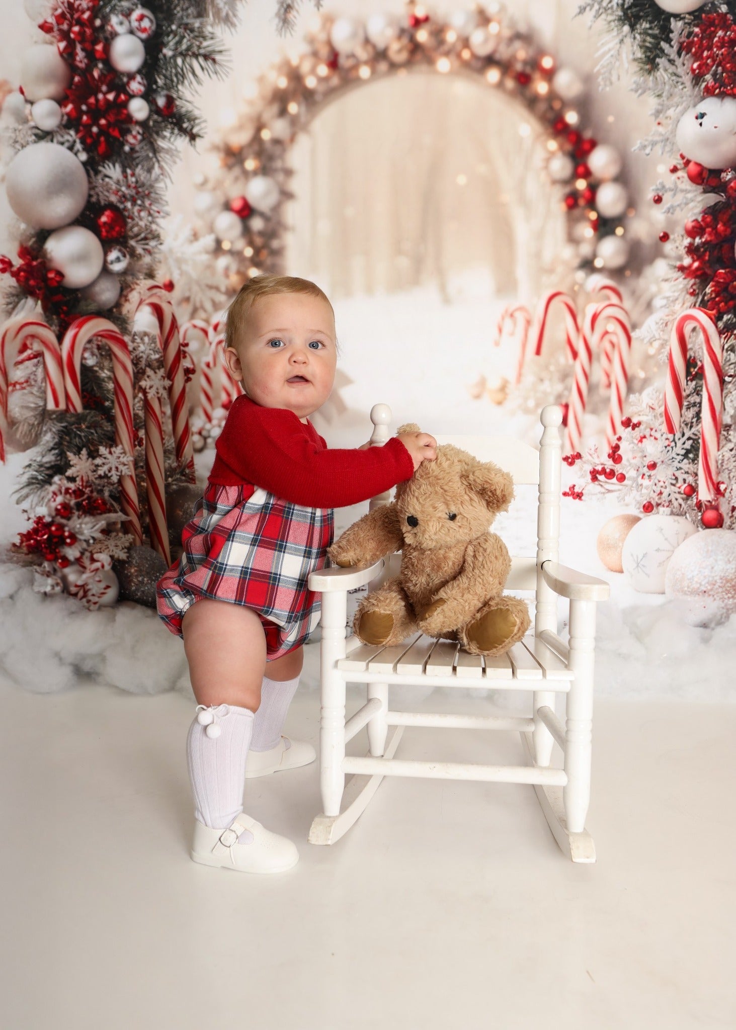 Kate Christmas Candy Cane Arch Snow Backdrop Designed by Emetselch
