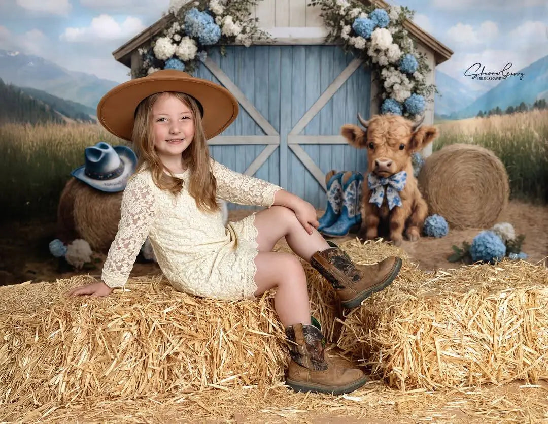 Kate Country Outdoor Barn Floral Cow Printed Backdrop Designed by Ashley Paul