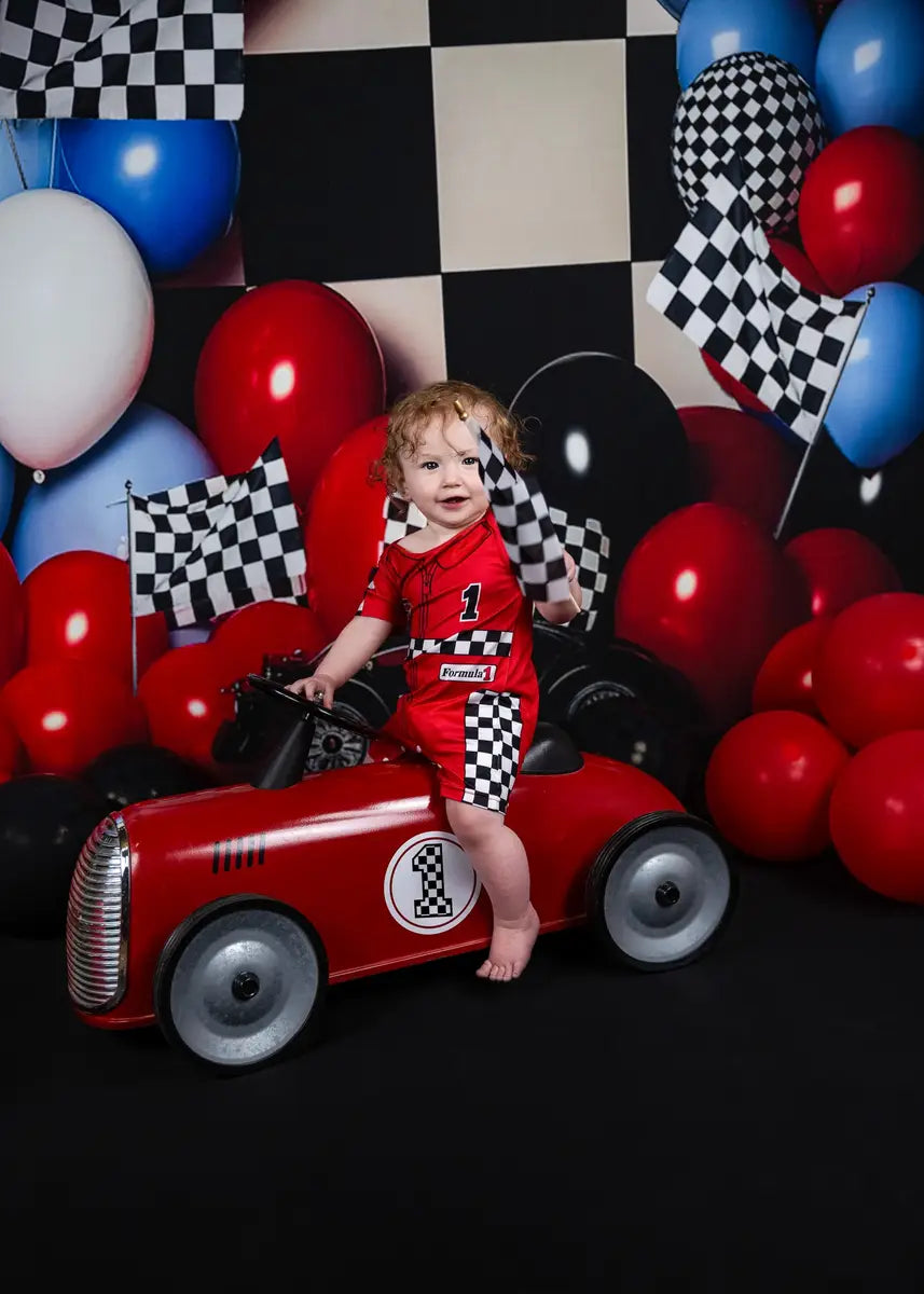 Kate Birthday Race Car Checkered Flag Balloon Cake Smash Printed Backdrop for Photography