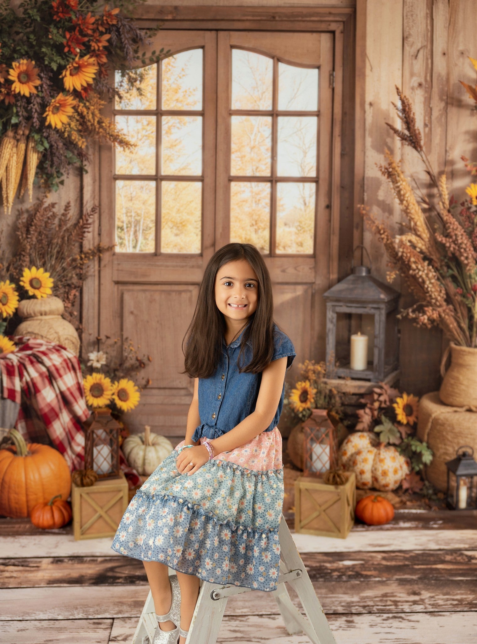 Kate Fall Rustic Door Pumpkin Sunflower Harvest Backdrop Designed by Emetselch