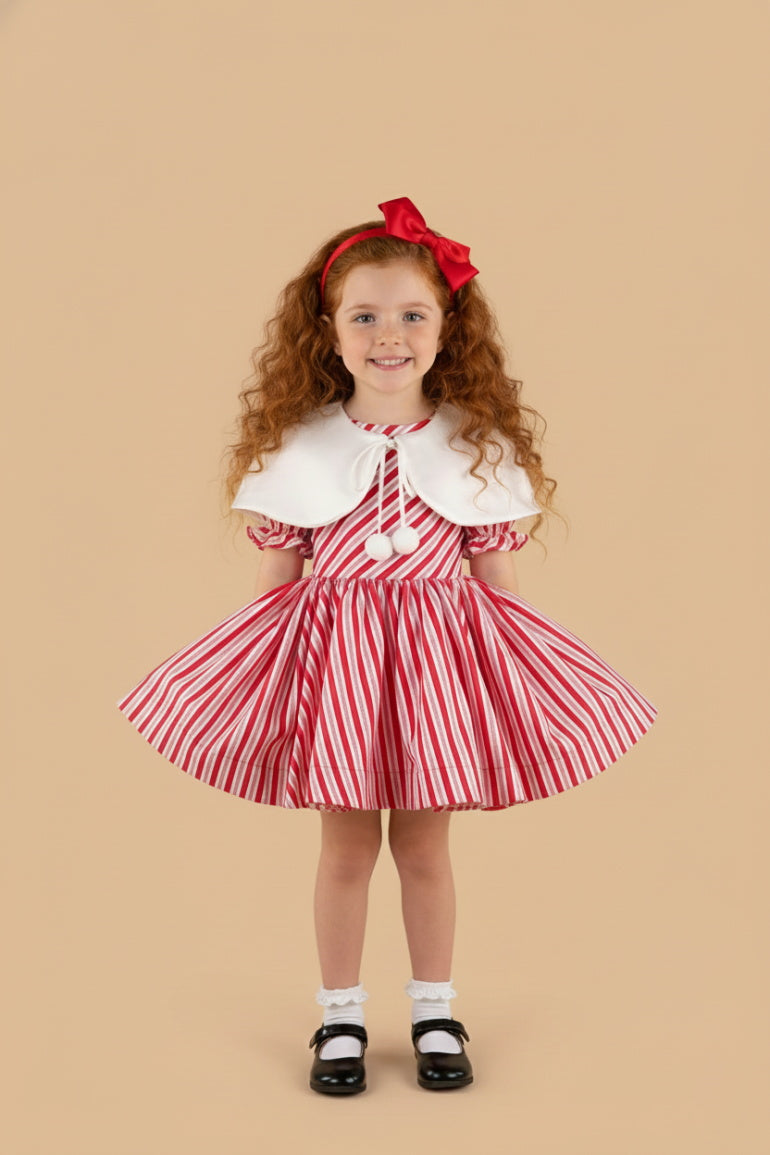 Kate Couture Christmas Candy Cane Red Striped Girls Dress with Cape fo Kate Couture Christmas Candy Cane Red Striped Girls Dress with Cape fo