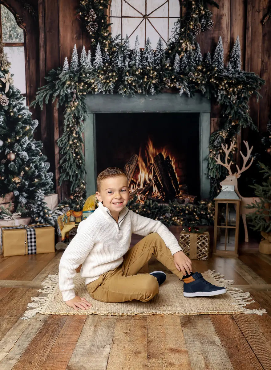 Kate Christmas Tree Wood Fireplace Wreath Deer Backdrop Designed by Emetselch