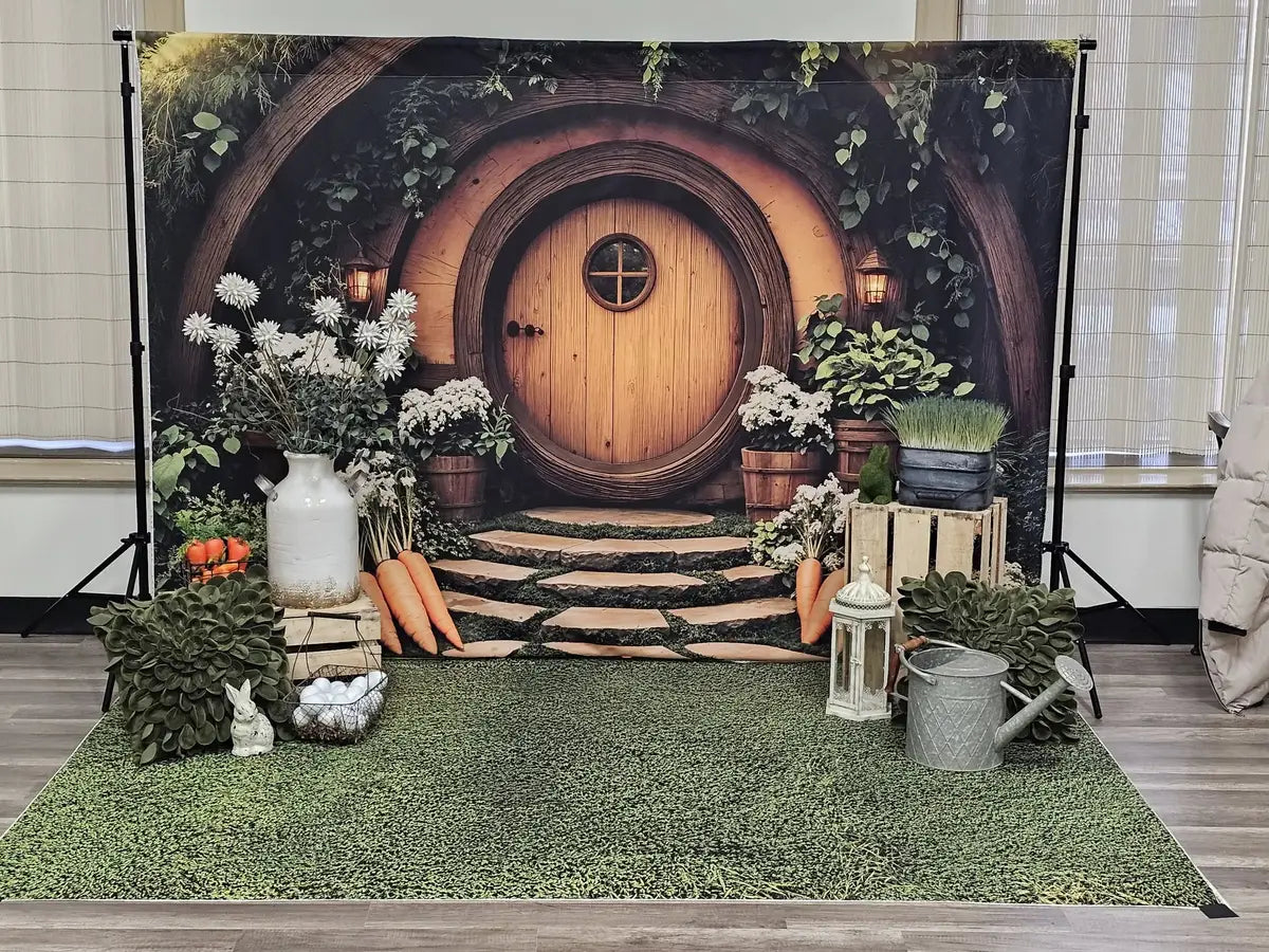 Kate Easter Hobbit House Forest Backdrop+Spring Green Grass Floor Backdrop