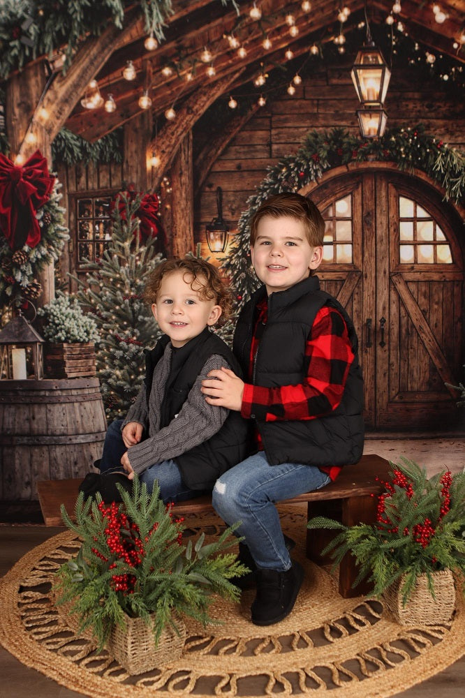 Kate Christmas Rustic Wooden Arch Door Garland Pine Trees Backdrop Designed by Emetselch