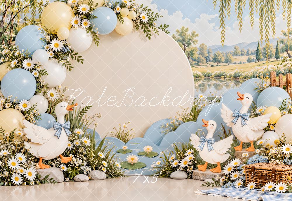 Kate Cake Smash Spring Goose Daisy Balloon Lakeside Picnic Printed Backdrop Designed by Emetselch