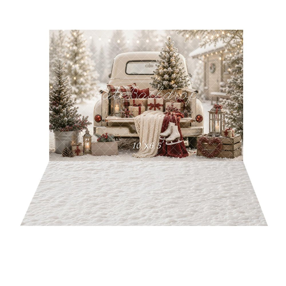 Kate Christmas Vintage White Truck Tree Gifts Ice Skates Snow Printed Backdrop+Winter Snow Rubber Floor Mat