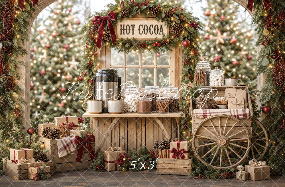 Kate Christmas Hot Cocoa Stand Wood Cart Pine Arch Printed Backdrop Designed by Emetselch
