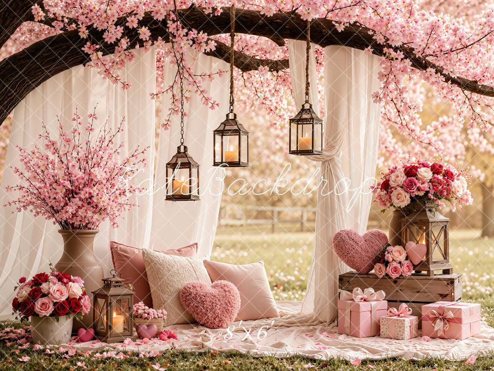 Kate Valentine's Day Cherry Blossom Branch Arch Drapes Hearts Pillow Printed Backdrop Designed by Emetselch