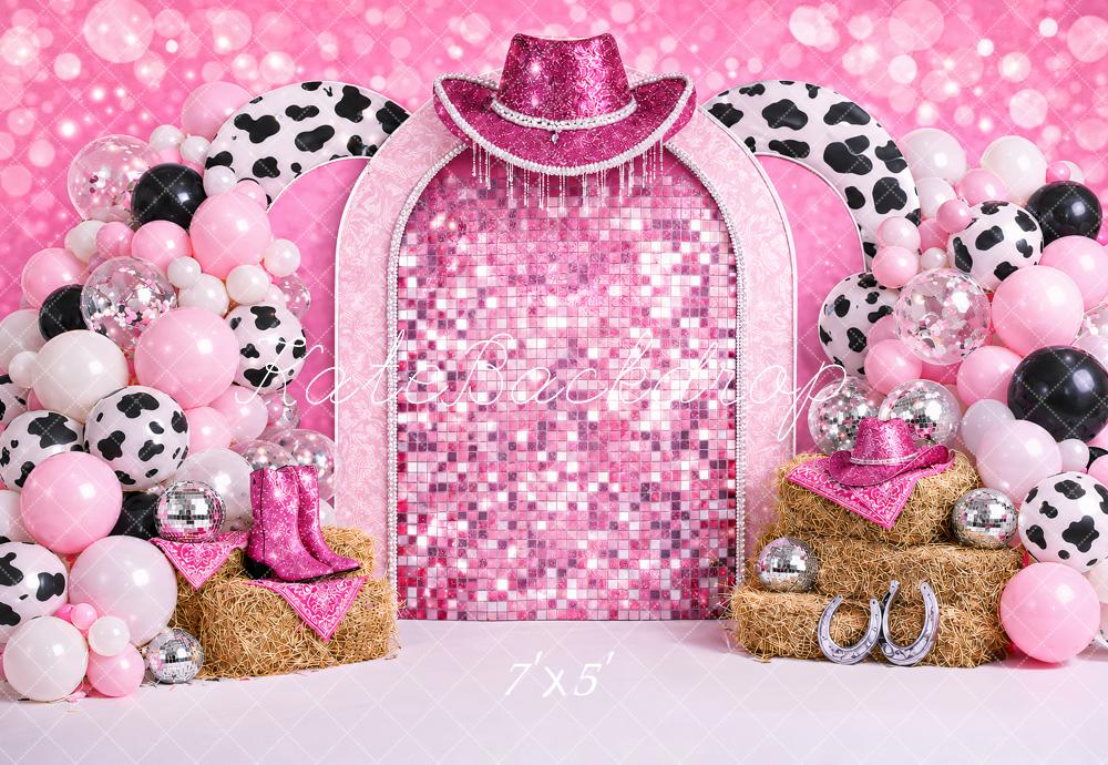Kate Birthday Pink Cowgirl Disco Balloon Arch Printed Backdrop Designed by Ashley Paul