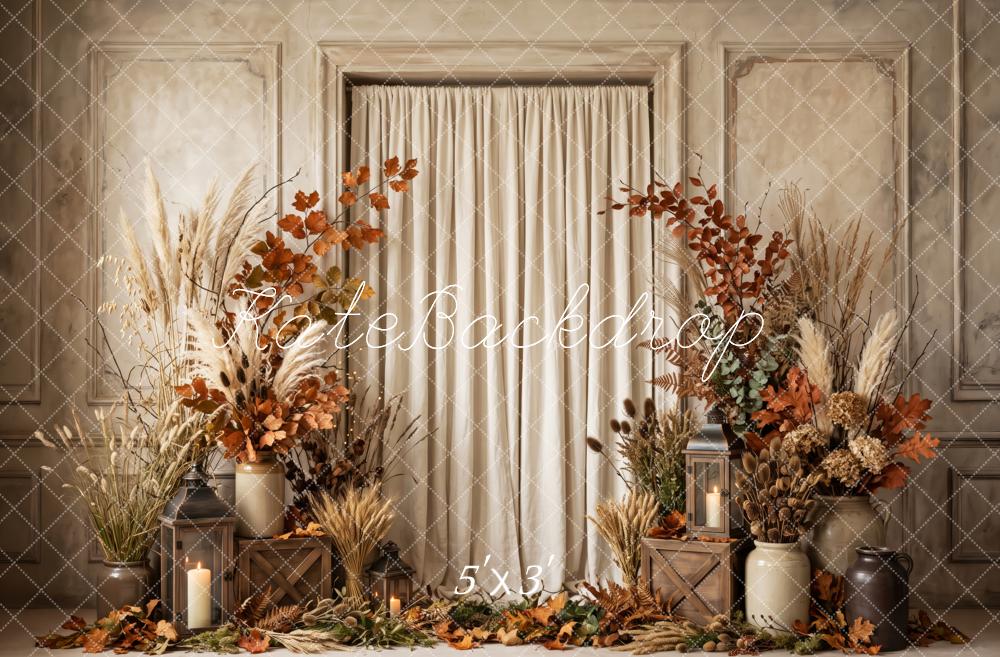 Kate Fall Floral Cozy Draped Curtain Vintage Beige Printed Backdrop Designed by Patty Roberts