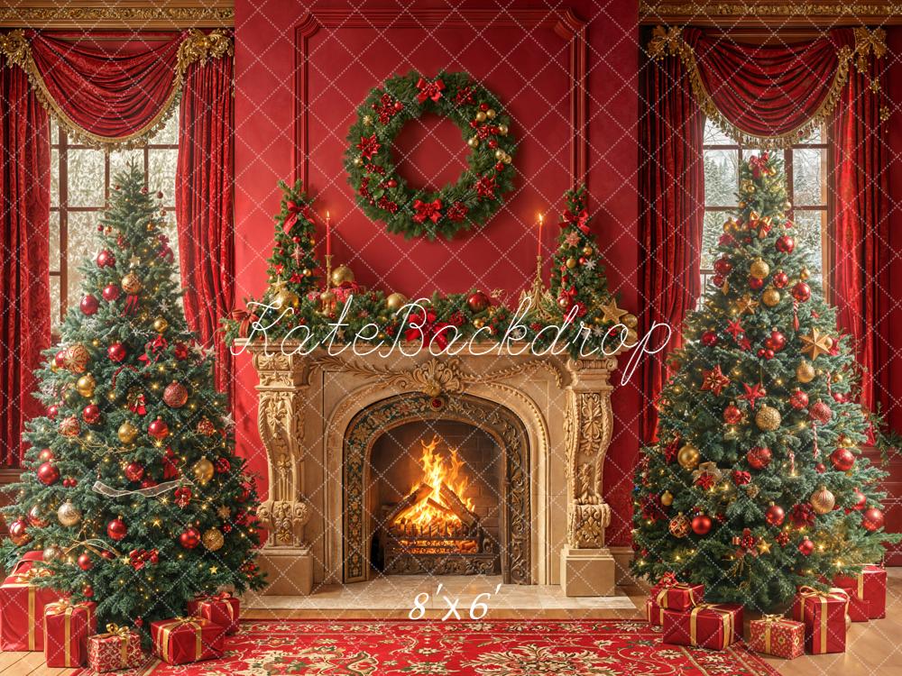 Kate Christmas Trees Vintage Fireplace Wreath Red Curtains Backdrop Designed by Emetselch