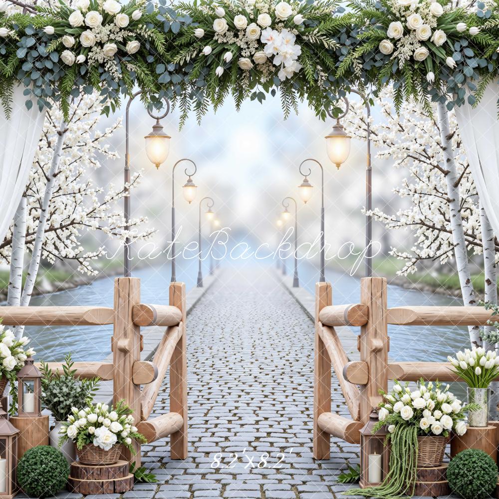Kate Spring Cobblestone Bridge White Flowers Lanterns Curtain Backdrop Designed by Mini MakeBelieve
