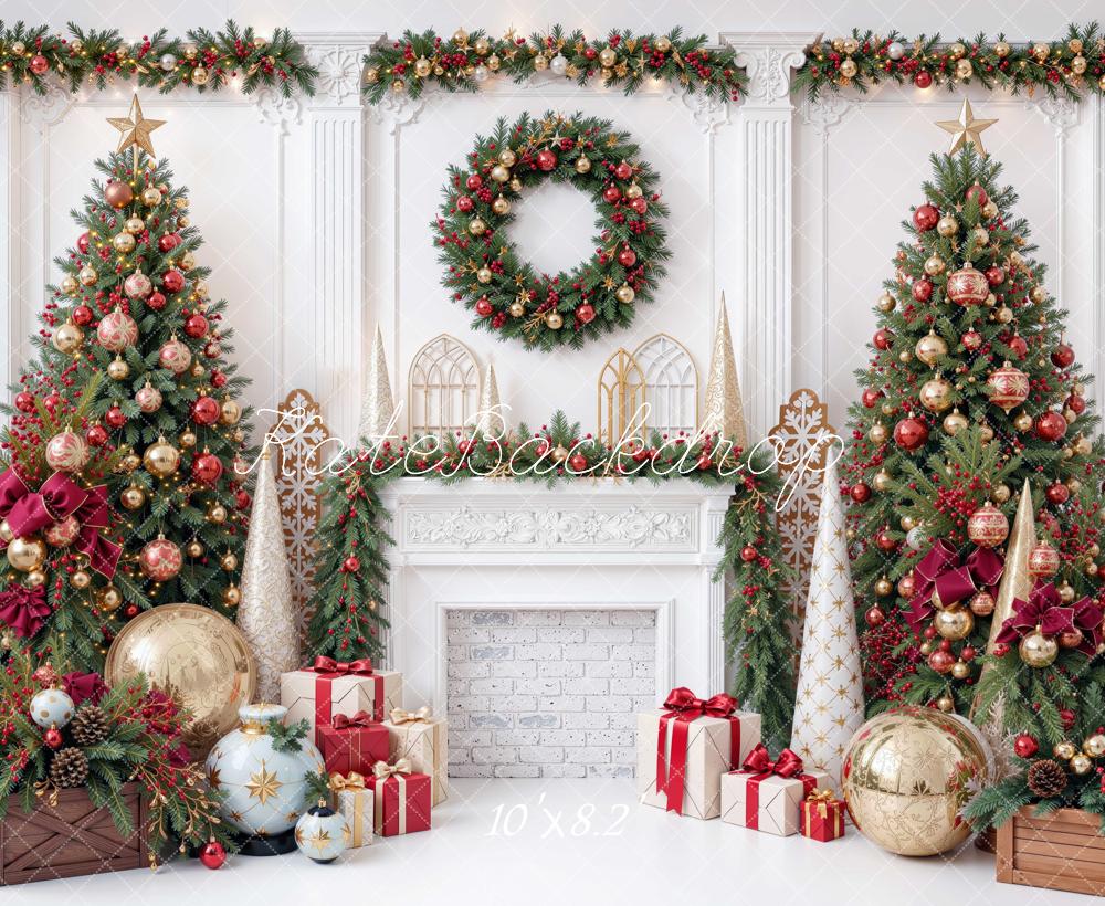 Kate Christmas Fireplace Christmas Tree Garland Presents Printed Backdrop Designed by Mini MakeBelieve