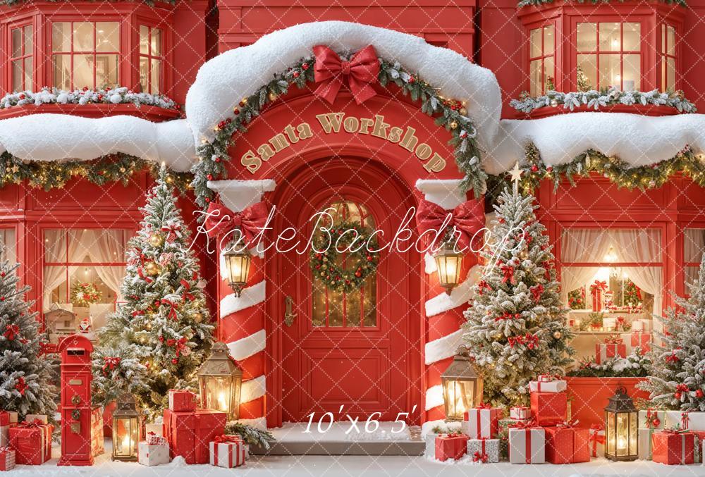 Kate Christmas Santa Workshop Red Snowy Trees Presents Backdrop Designed by Emetselch