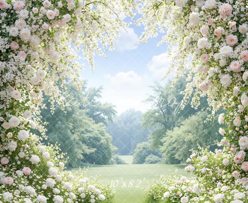 Kate Summer Flower Arch White Pink Roses Garden Printed Backdrop Designed by Mini MakeBelieve