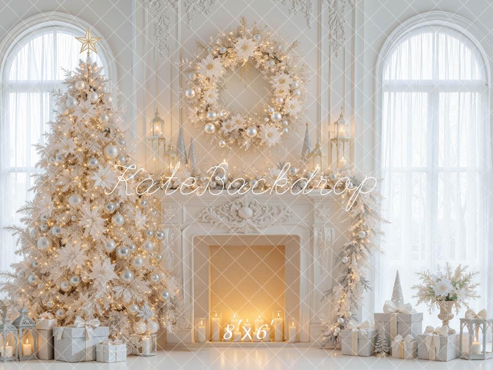 Kate Christmas Tree White Elegant Wreath Fireplace Printed Backdrop Designed by Mini MakeBelieve