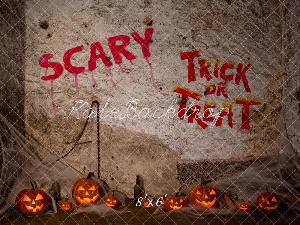 Kate Halloween Spooky Graffiti Wall Pumpkins Jack O Lantern Printed Backdrop Designed by Fantasyphotoart